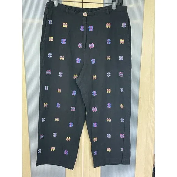 Mureli Linen Pants Sz M/L  Flip Flops Embroidered Women’s  Black‎ Travel Beach
