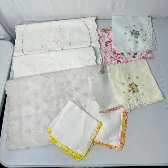 Vintage Lace Handkerchiefs and Linens Lot Floral Embroidery Cutwork Mixed White