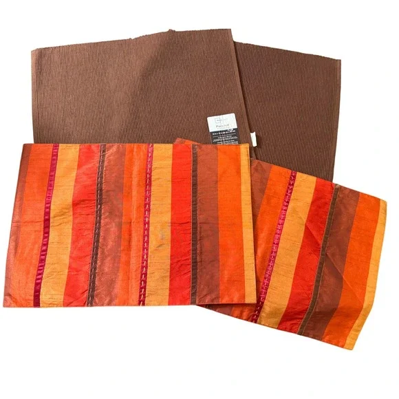 Fall Placemat Set of 2 Orange Red Stripe & Solid Brown Decorative‎ Home Decor