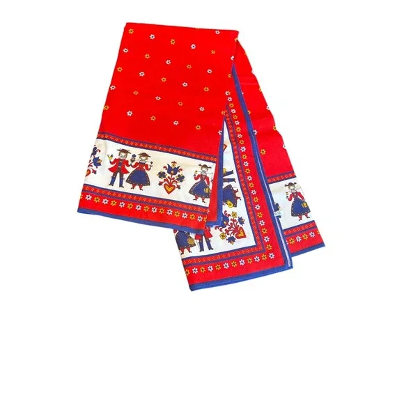 Vintage Austria Cotton Folk Art Table Runner Red &‎ Blue Floral Dancing Couple