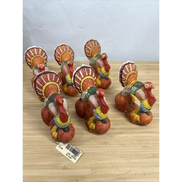 Vintage Thanksgiving Turkey Napkin Rings Set of 6 Fall Harvest Table‎ Decor
