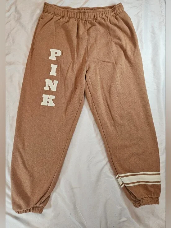 PINK Victoria's Secret Womens Tan Elastic Bottom Insignia Sweatpants Size Large