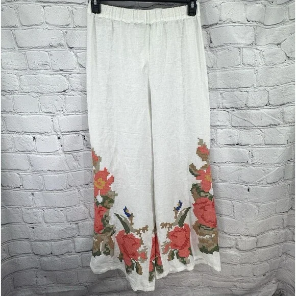 Greek Archaic Kori Wide Leg Pants Women's M Ivory Linen Coastal Festival Boho