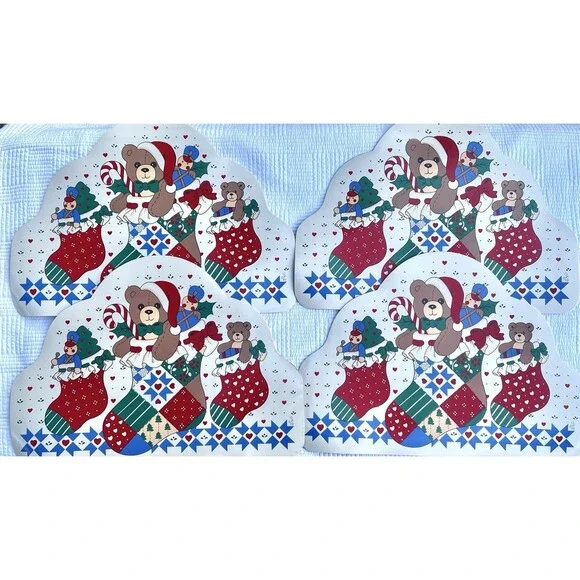 Vintage 1989 Christmas Teddy Bear Placemats – Set of 4 Large Holiday Table Mats