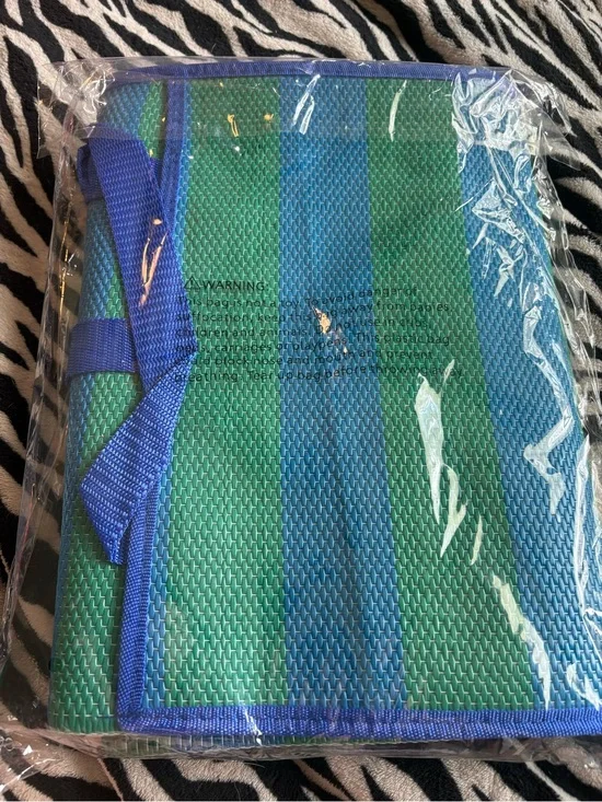 Striped Blue & Green Woven picnic and beach blanket with Blue Trim