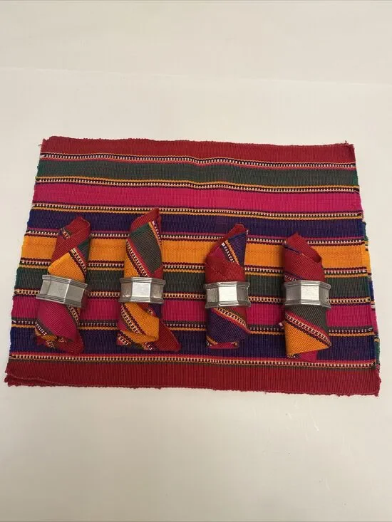 Ethnic Southwestern Fabric Cloth Placemats, Napkins W/ Rings Colorful Striped