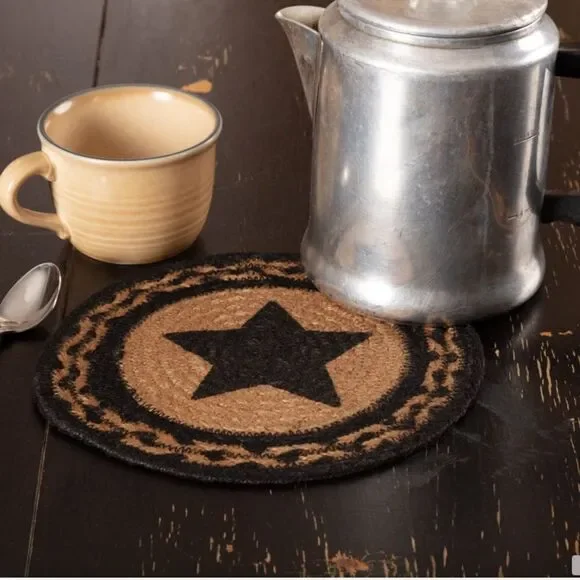 Primitive Black Star Jute Braided 8 Inch Table Trivet Farmhouse Country