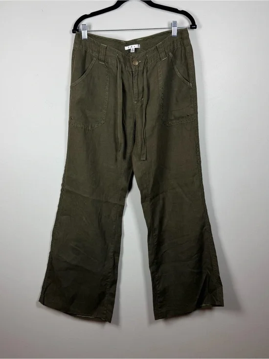 Cabi Olive Green 100% Linen Wide Leg Whipstitch 882 Trouser Pants Lagenlook Sz 8