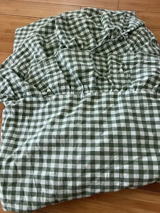 Vintage Country Style Ruffled Green White Gingham Table Cloth Washed Cotton