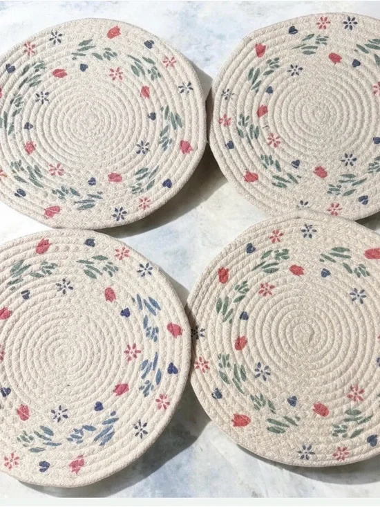 Handmade Coiled Rope Floral Round Placemats - Set of 4