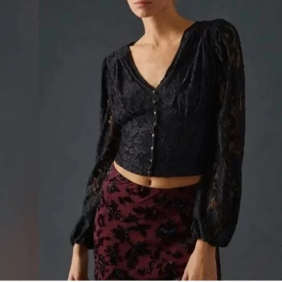 By Anthropologie Balloon-Sleeve Lace Wrap Blouse Black Small