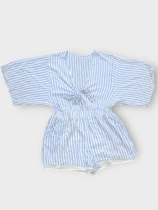Blue and White Striped Tie-Front Romper Plus Size 2X Lightweight Pockets Breezy