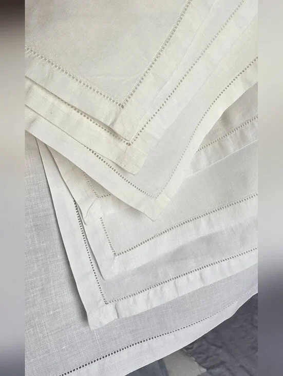 Set Of Nine  White Linen Hemstitched Napkins