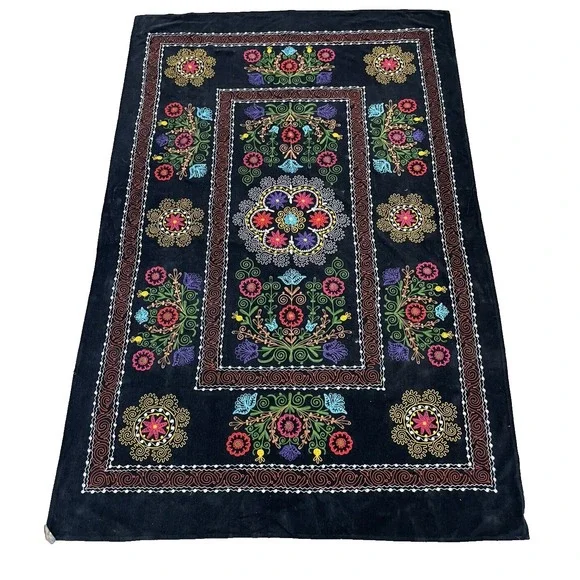 Vtg Uzbek Suzani‎ Handmade Embroidery on Velvet Tablecloth Wall Hanging 53