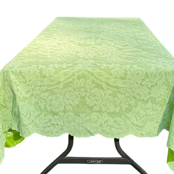 Vintage Plastic Sage Green Lace Floral Tablecloth Scalloped Rectangular 57