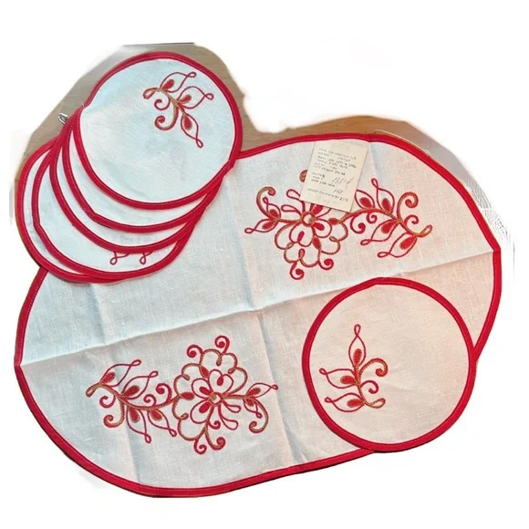 Y2K Traditional Russian Embroidered Linen Centerpiece With 6 Round Napkins ~NWT