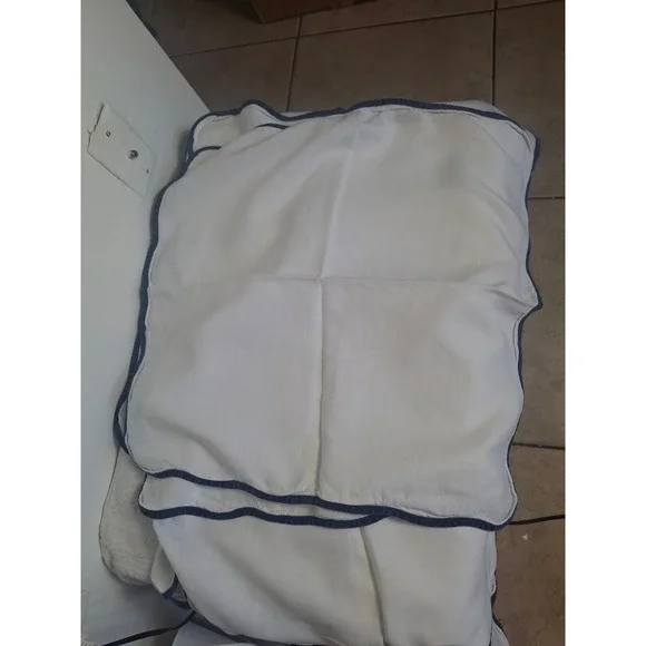 White Linen Tablecloth NavyBlue Contrast Border Trim Nautical Coastal Decor set6