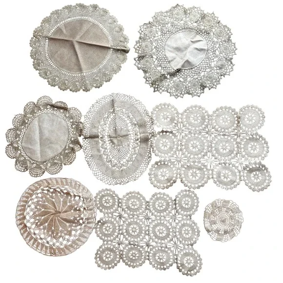 Vintage Handmade Crochet Lace Doily Lot 8pc Mixed Shapes Beige Cream Shabby Chic