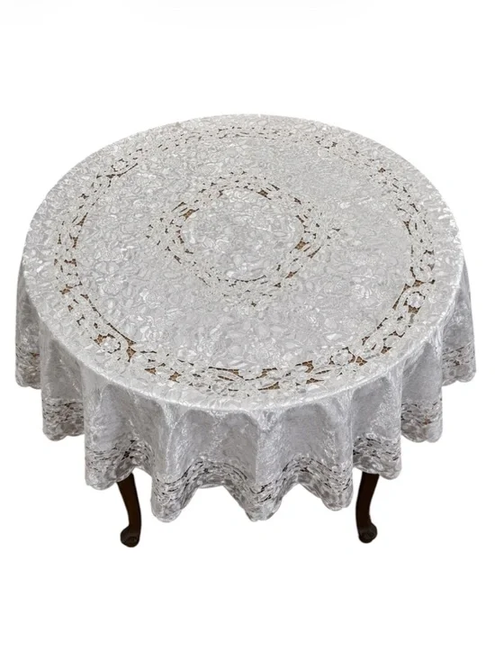 Vintage white satin floral lace round tablecloth and napkin set 72”