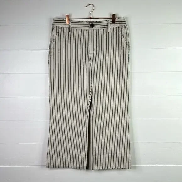 CABI Cream Blue Striped Wide Leg Cropped‎ Trouser Pants Bottoms Size 6
