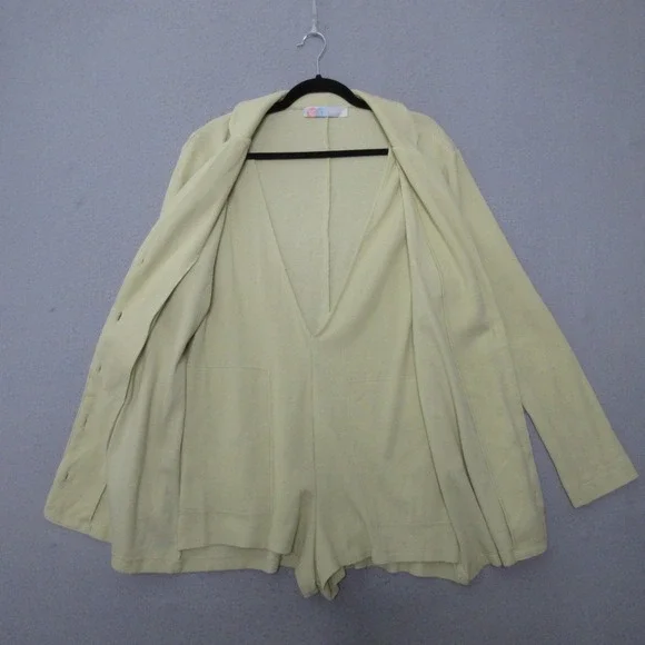 Free People Beach Blazer Romper Yellow Ribbed Knit V-Neck Boho Festival Lizzie‎