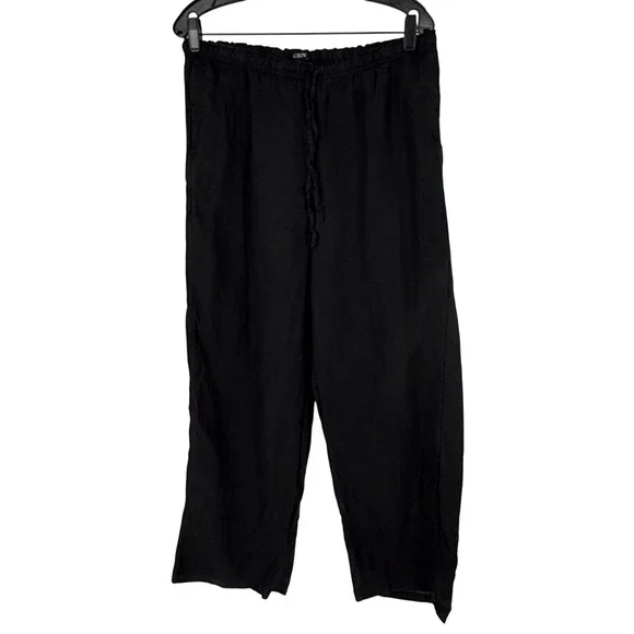 J.Crew Soleil Pants Womens LT Black Excellent 100% Linen Wide Leg Drawstring