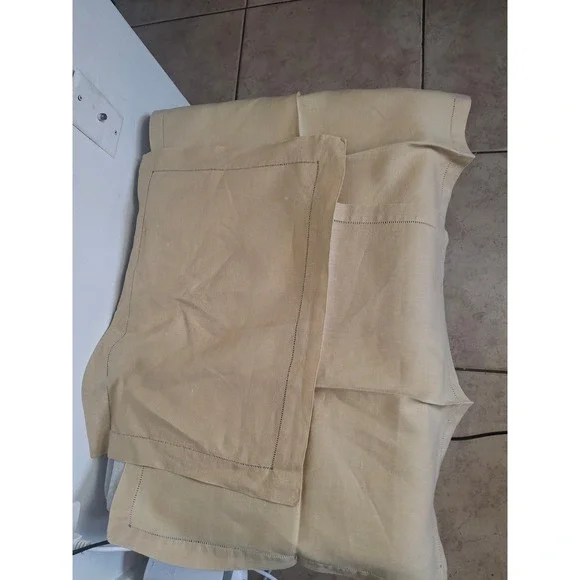 Vintage Hemstitch Linen Tablecloth and Napkins Set Beige Tan 3 Piece Dining