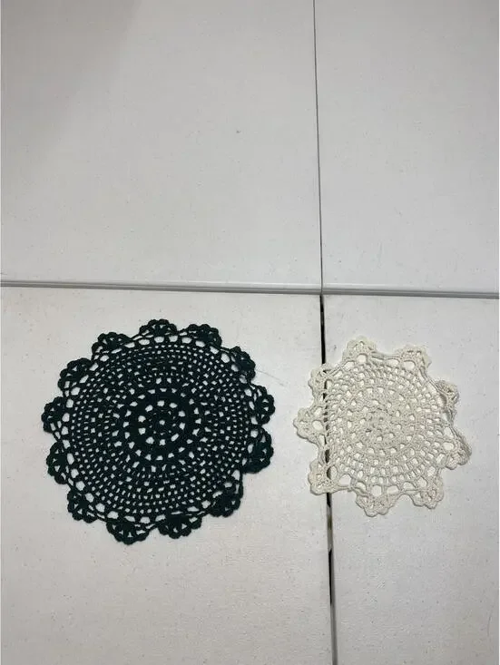 Vintage Hand Crochet Lace Doilies Set of 2 White & Green J