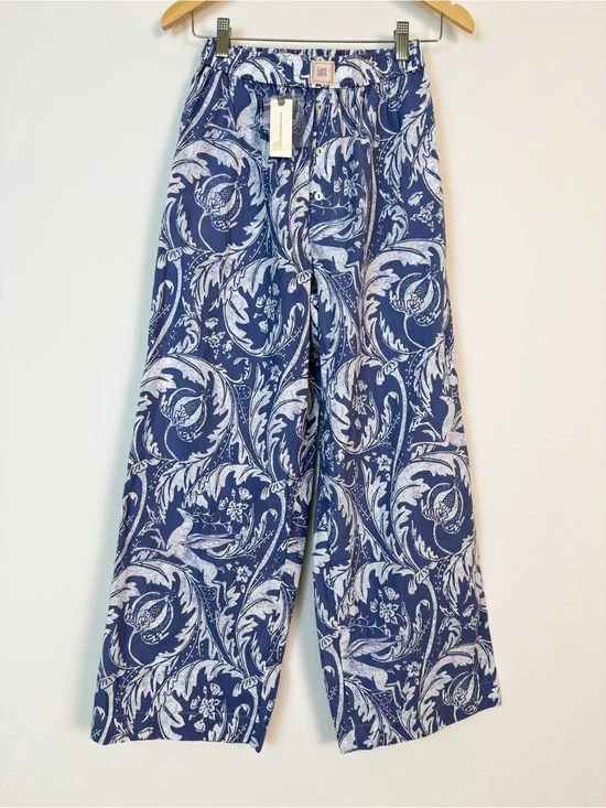 Anthropology Lyre Bird Blue White Floral Wide Leg Pants XS NWT