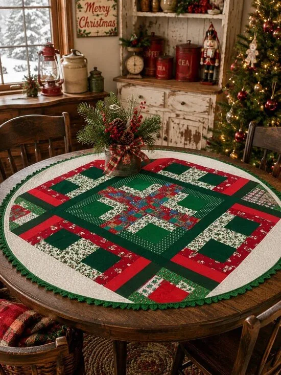 Vintage Handmade Christmas Quilt Table Topper 46.25