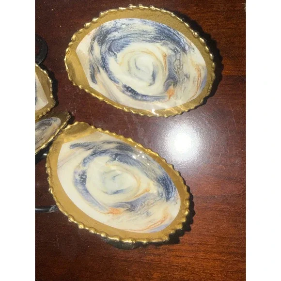 Set of 4 Coastal Oyster Shell Napkin Rings Marbled Blue Gold Nautical Decor