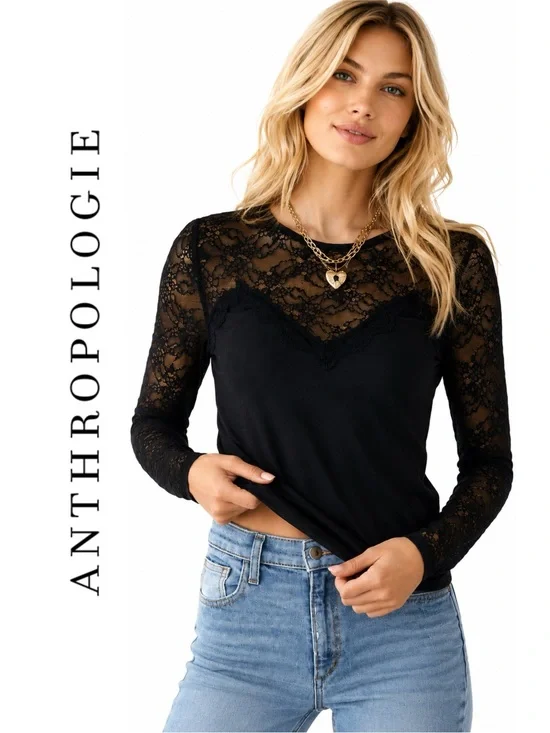 Anthropologie Long-Sleeve Lace Mix Top