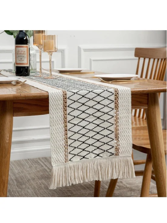 NEW Table Runner Linear End Boho Tassels Cotton & Linen tablecloth 12x60”