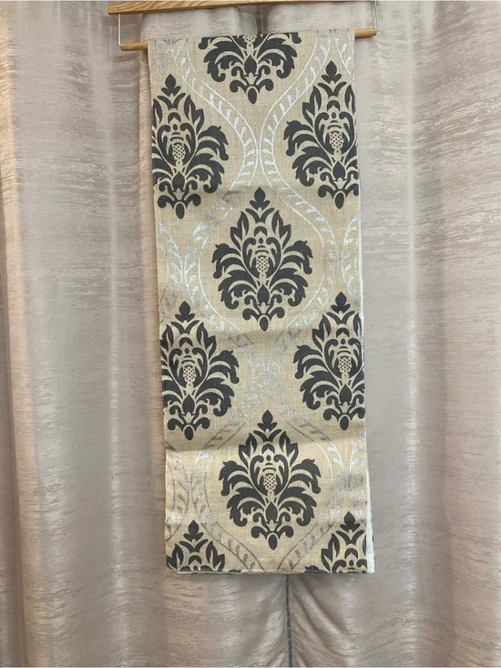 Cotton Craft Beige, Gray and Silver Damask Jute Table Runner 72”X 13.5”. New