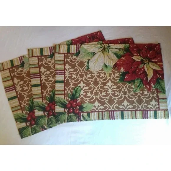 3 Christmas Tapestry Placemats Poinsettia Scroll Design Stripe Border  18.5