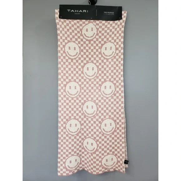 NEW‎ 16x72 HAPPY FACE table runner cover decor maximalist mod 70s checkered pink