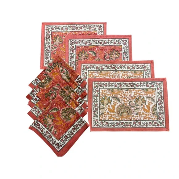 Hand‎ Block Print Floral Cotton Placemats & Napkins Set 9pc Terracotta Boho