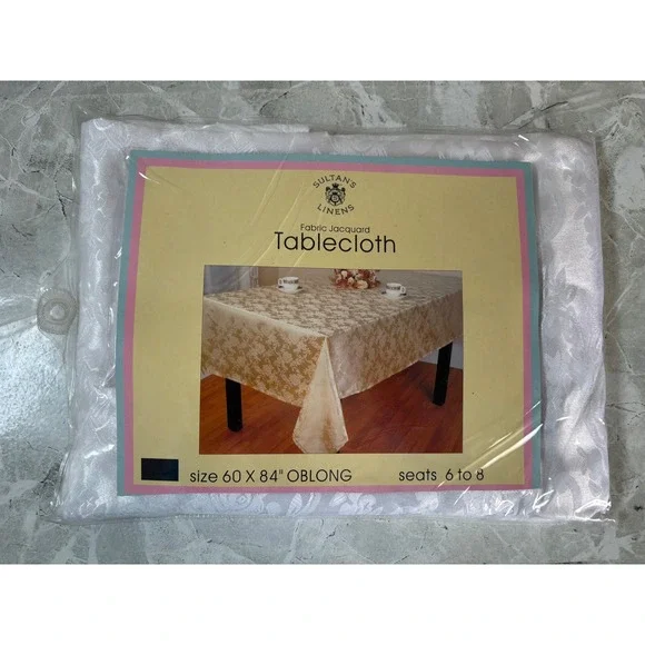 Sultans Linens White Jacquard Tablecloth 60x84 Oblong & 4 Napkins Set Floral‎