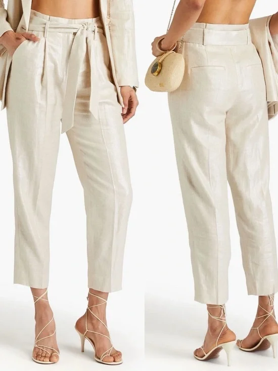Veronica Beard NWOT Zelly Linen Blend Cropped Metallic Tapered Pants S (6)