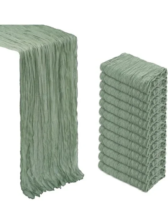 12 Pack Sage Green Gauze Table Runners 10ft Boho Sheer Rustic Decor for Events