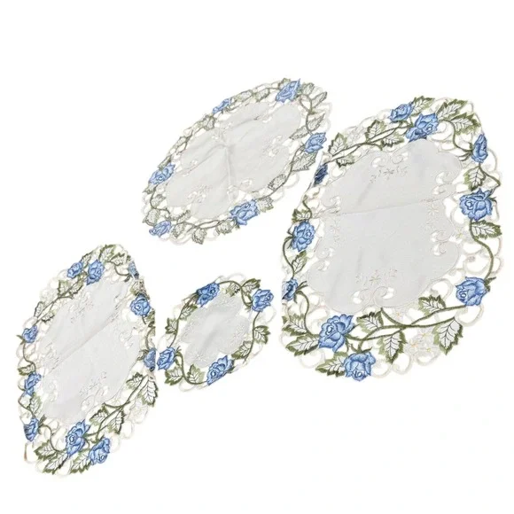 4pc Blue Rose Embroidered Table Linen Set Cutwork Floral Doilies Placemats White