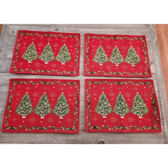 Festive Christmas Tree Woven‎ Tapestry Placemats With Holly Border 17