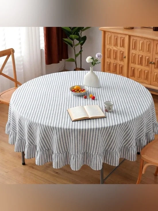 Farmhouse Striped Tablecloth with Ruffle Trim 100% Cotton 60” Round - BLUE WHITE