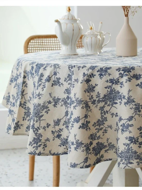 Farmhouse Floral Tablecloth 4&” Round DARK BLUE