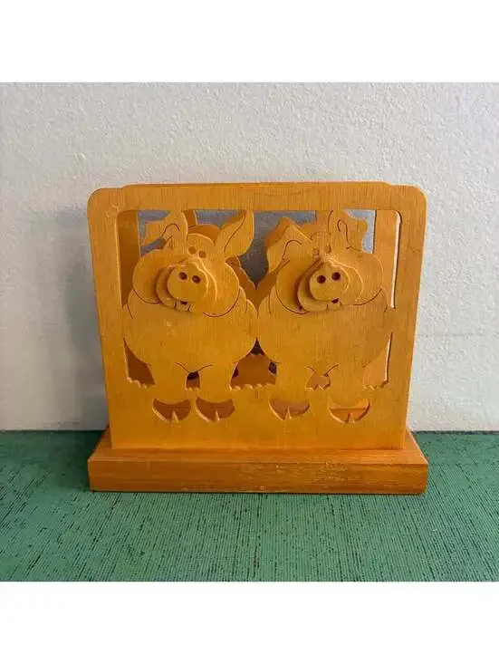 Vintage Handmade Scroll Saw Wooden Pig Napkin Holder Country Farmhouse Folk Art