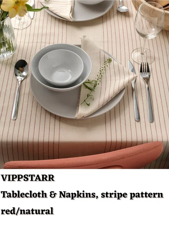 Red & Natural Stripe Tablecloth with (4) Napkins