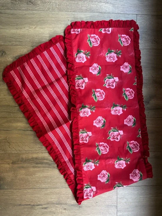 Red Floral Ruffled Rose Table Runner 74x17 Rectangle Reversible Stripe