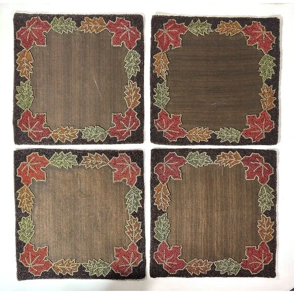 4 RLK Leila’s Linens Glass Beaded Autumn Fall Leaves Brown Table Placemat Decor