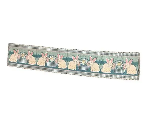 Table Runner Cotton Tapestry Bunny Rabbit Easter Decor Spring Fringed Edge