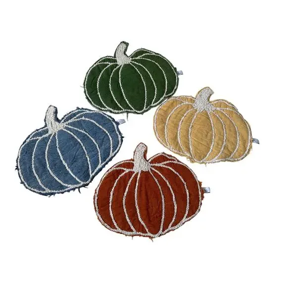 Rachel Zoe Autumn Pumpkin Quilted Placemats Solid  Yellow Blue Rust Green 4‎ Set